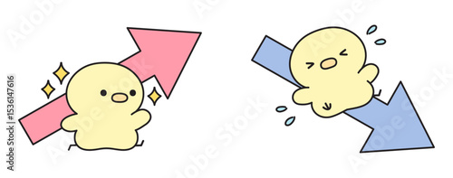右肩上がりと右肩下がりの矢印と可愛いひよこのイラストセット