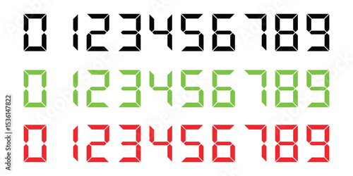 Digital LED Number Set – Seven-Segment Display Digits for Clock, Calculator, and Electronic Devices, Vector illustration.
