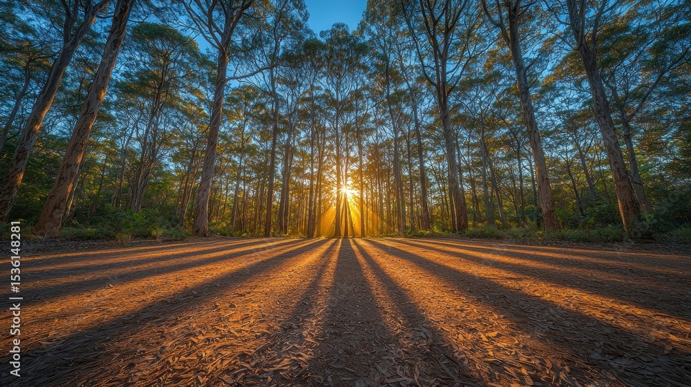 Fototapeta premium Sunlight streams through a forest canopy, casting long shadows on a dirt road
