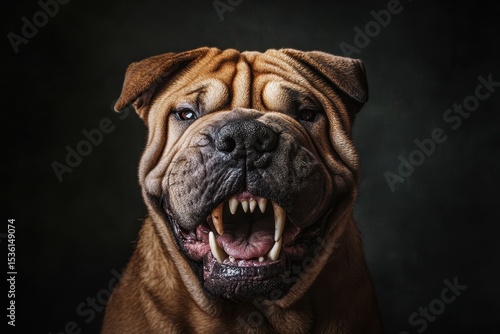 Fangs Vampire. Shar Pei Dog with Male Likeness and Vampire Teeth