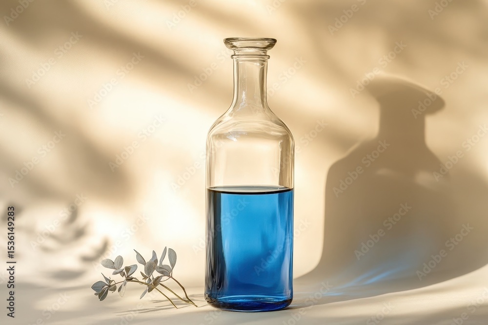 Obraz premium A glass bottle filled with vibrant blue liquid, illuminated by natural light.