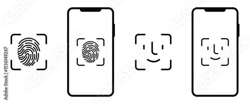 Touch ID and Face ID Vector Icons – Mobile Security Biometric Authentication Set, Vector illustration. 
