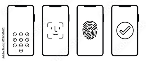 Touch ID and Face ID Vector Icons – Mobile Security Biometric Authentication Set, Vector illustration. 
