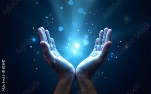 Glowing blue energy surrounds raised hands against dark background, creating magical ethereal effect with sparkles and light trails for spiritual and wellness concepts. High quality