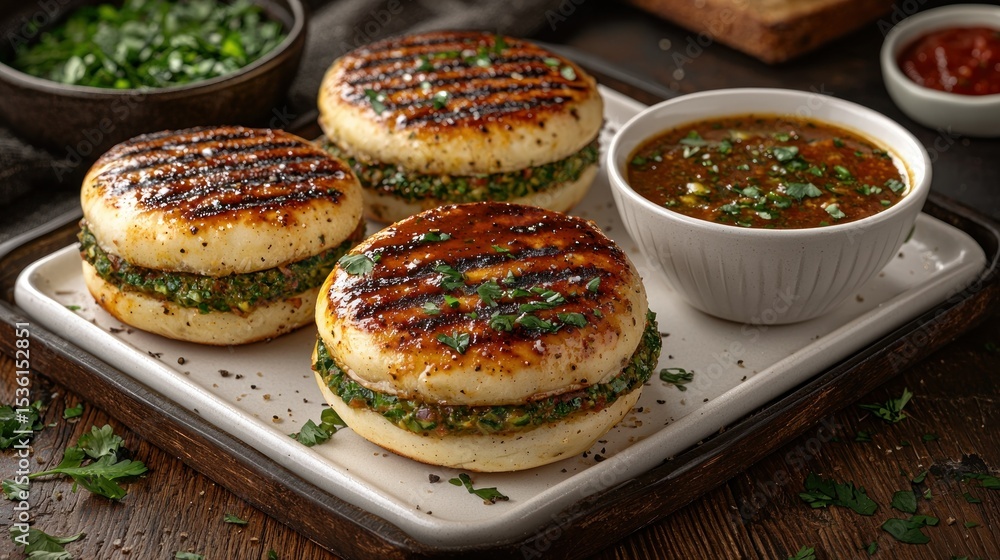 Three grilled patties on buns, topped with pesto, served with a dipping sauce Three grilled patties on buns, topped with pesto, served with a dipping sauce