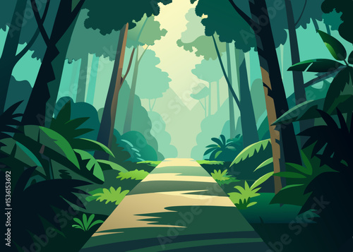 lush jungle path with sunlight piercing through 