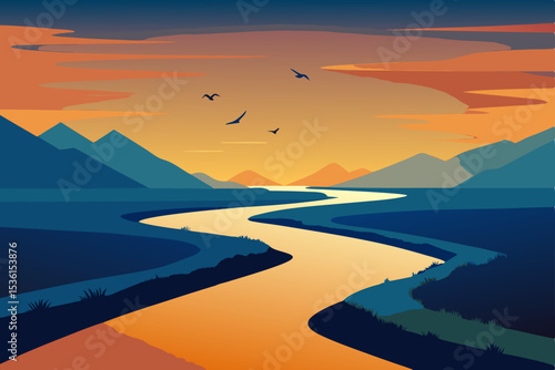 lush river delta with birds flying over water 