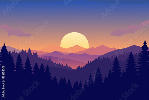 magical sunrise over a forest canopy with glowing .svg