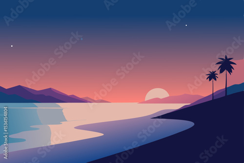 minimalist twilight beach scene with smooth wave 