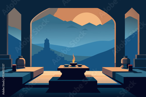 monastery mountaintop living room with carved 