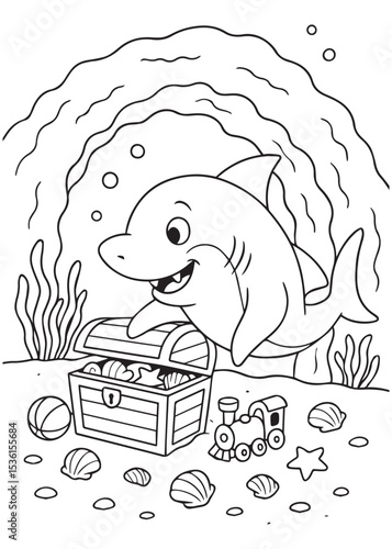 Coloring book shark with a happy expression, stands beside an open treasure chest filled with gold coins and other treasures