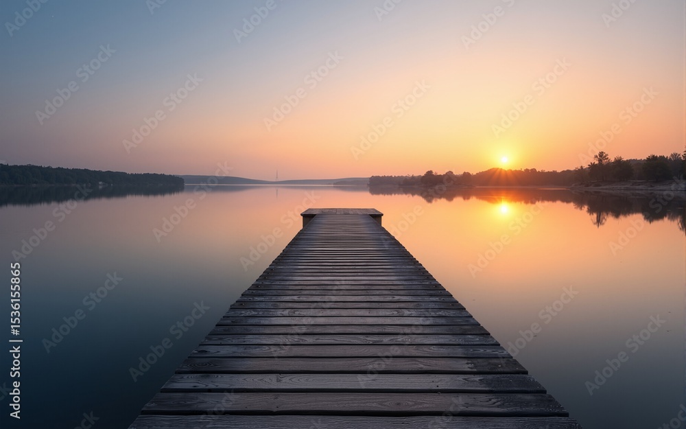 Tranquil scene of a wooden dock extending into calm waters, meeting a serene shoreline at sunset The peaceful atmosphere is perfect for relaxation and reflection , escape, still, horizon Tranquil scene of a wooden dock extending into calm waters, meeting a serene shoreline at sunset The peaceful atmosphere is perfect for relaxation and reflection , escape, still, horizon