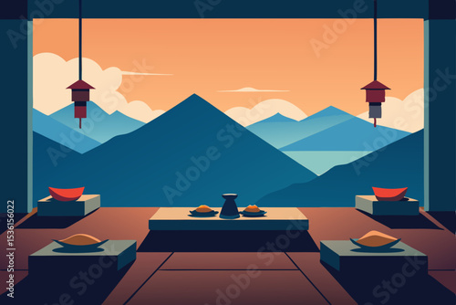 mountain monastery living room with meditation 