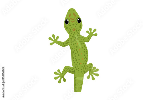 A green cartoon gecko with orange spots big eyes and splayed feet