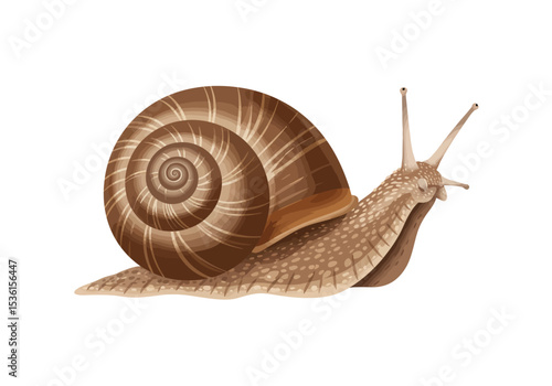 A lightbrown snail with a spiraled shell and antennae is depicted on a white background