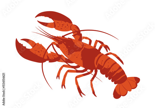 A red lobster positioned diagonally featuring distinct claws legs and antennae
