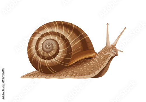 A snail is shown with a brown striped shell and two long antennae on a white background