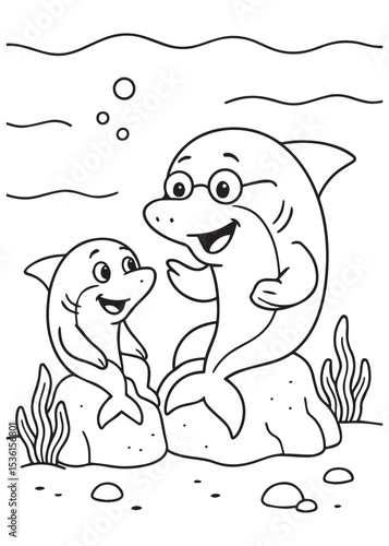 Coloring book shark wearing glasses and a cheerful baby shark are sitting on rocks underwater, 