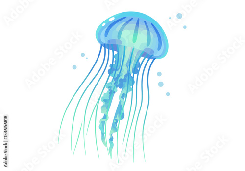 A watercolorstyle blue jellyfish with long tentacles and surrounding air bubbles