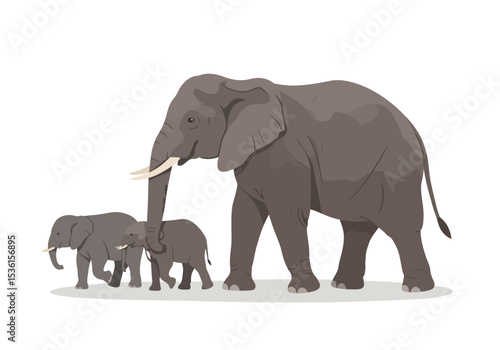 An adult elephant walks alongside two smaller elephants on a flat surface