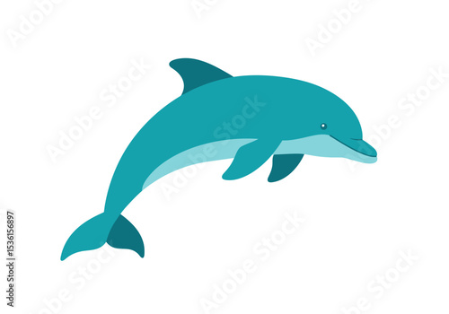 An aquacolored dolphin is leaping on a white background