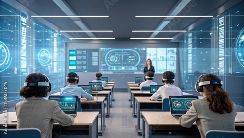 Students in a futuristic classroom use virtual reality headsets and digital devices, while a teacher presents data on a large interactive screen.