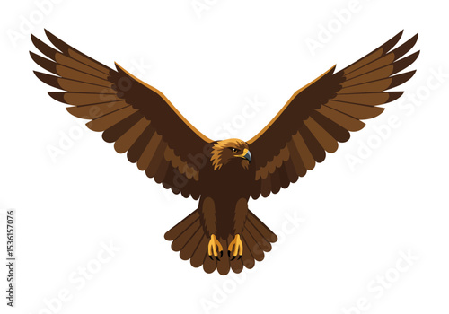 Brown eagle soars with spread wings and yellow beak and talons on a white background