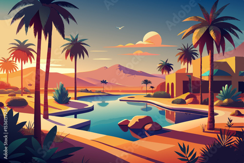 peaceful desert oasis with palm trees and a still .svg