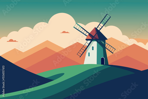 peaceful hilltop windmill spinning gently 