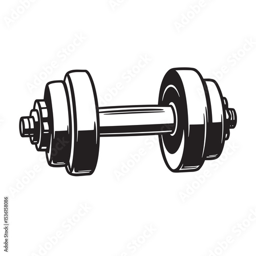Classic dumbbell illustration in black and white silhouette depicting fitness and exercise equipment training strength and bodybuilding