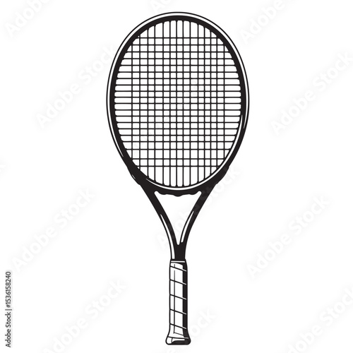 Classic tennis racket silhouette in black and white showcasing the sporting equipment used for tennis game playing on a white background