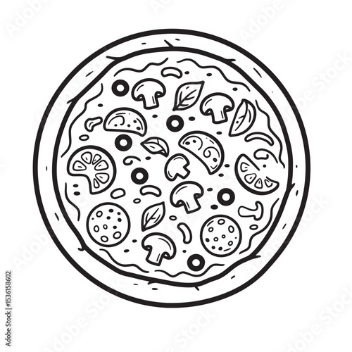 Delicious illustrated pizza topped with mushrooms olives and salami slices detailed black and white silhouette.