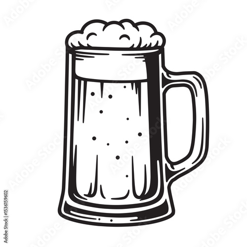 Hand drawn illustration of a full beer stein with foamy head bubbly contents and handle in a classic silhouette design.