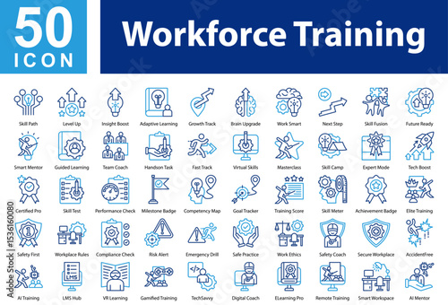 Workforce Training Icon Collection and Simple Concept Outline Color, Containing: Skill Path  ,Level Up  ,Insight Boost  ,Adaptive Learning  ,Growth Track  ,Brain Upgrade  ,Work Smart  ,Next Step  