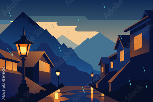 rainy mountain village with warm lanterns and cobb 