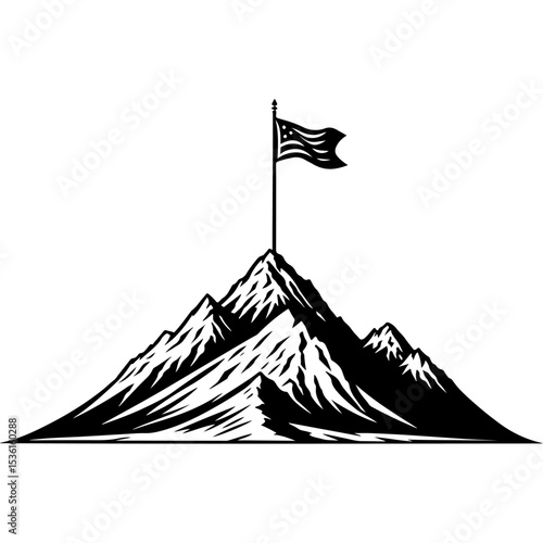 Sketchy emblem of American flag on a flagpole on a mountain top in monochrome. Engraving minimalistic vector in black ink drawing on transparent background