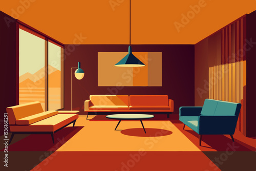 retro 1970s sunken living room with shag carpet  