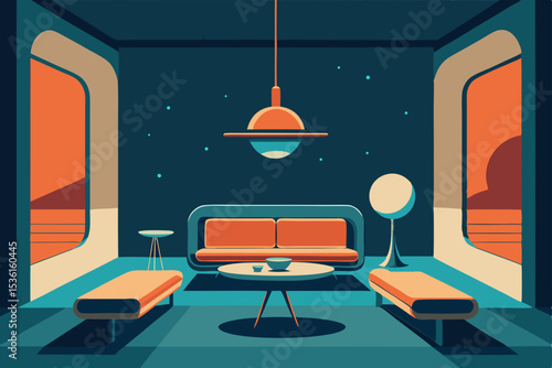 retro space station living room with low gravity