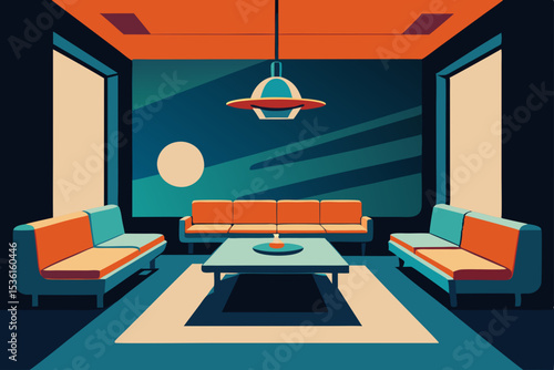 retro space station living room with low gravity