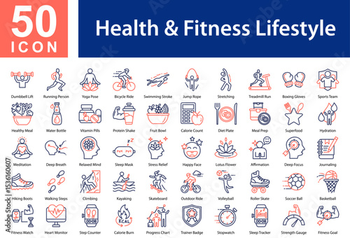 Health & Fitness Lifestyle Icon Collection and Simple Concept Outline Color, Containing: Dumbbell Lift  ,Running Person  ,Yoga Pose  ,Bicycle Ride  ,Swimming Stroke  ,Jump Rope  ,Stretching  ,Treadmil