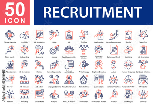 Recruitment Icon Collection and Simple Concept Outline Color, Containing: Cultural Diversity  ,Job Offer  ,Job Application  ,Hiring  ,Job  ,Staffing  ,Headhunting  ,Career Development  ,Shortlist  