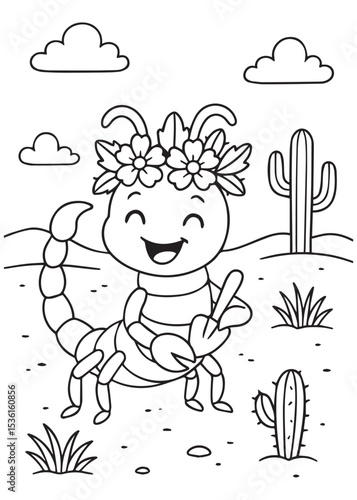 Coloring book scorpion, adorned with a floral crown, grins widely and waves, standing in a desert landscape