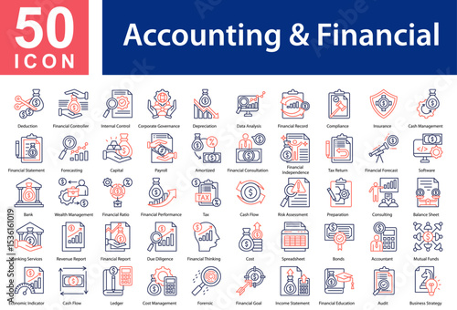 Accounting & Financial Icon Collection and Simple Concept Outline Color, Containing: Deduction  ,Financial Controller  ,Internal Control  ,Corporate Governance  ,Depreciation  ,Data Analysis  ,Financi