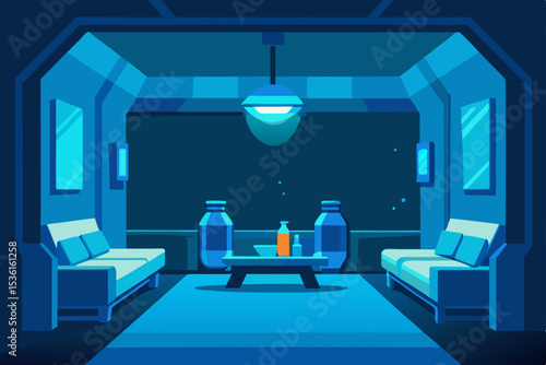 sci fi bunker living room with holographic decor 