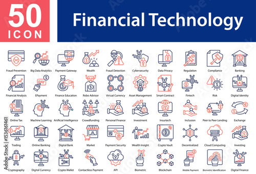 Financial Technology Icon Collection and Simple Concept Outline Color, Containing: Fraud Prevention,Big Data Analytics,Payment Gateway,Wealth,Fraud Detection,Cybersecurity,Data Privacy,Regulation