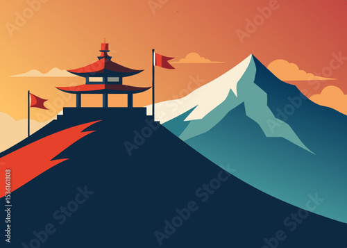 serene mountaintop shrine with flags fluttering 