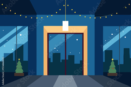 skyscraper lobby glowing warmly with holiday garla