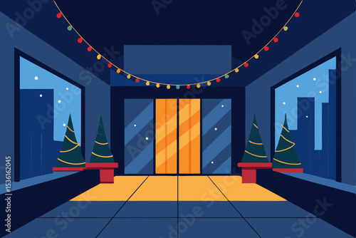 skyscraper lobby glowing warmly with holiday garla.svg