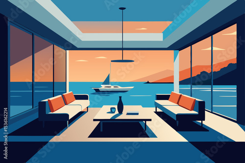 sleek yacht living room with panoramic ocean views.svg