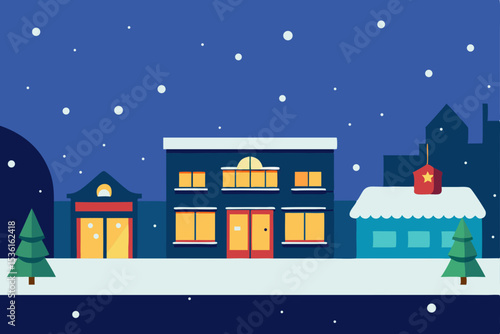 snow falling over a bustling city square  